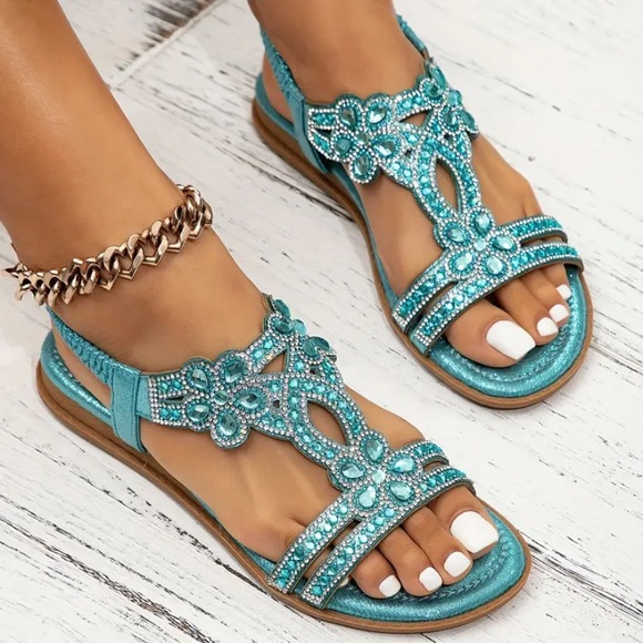 New Embellished Turquoise Rhinestones Sandals Studded Comfortable Shiny Sparkle - Picture 2 of 16